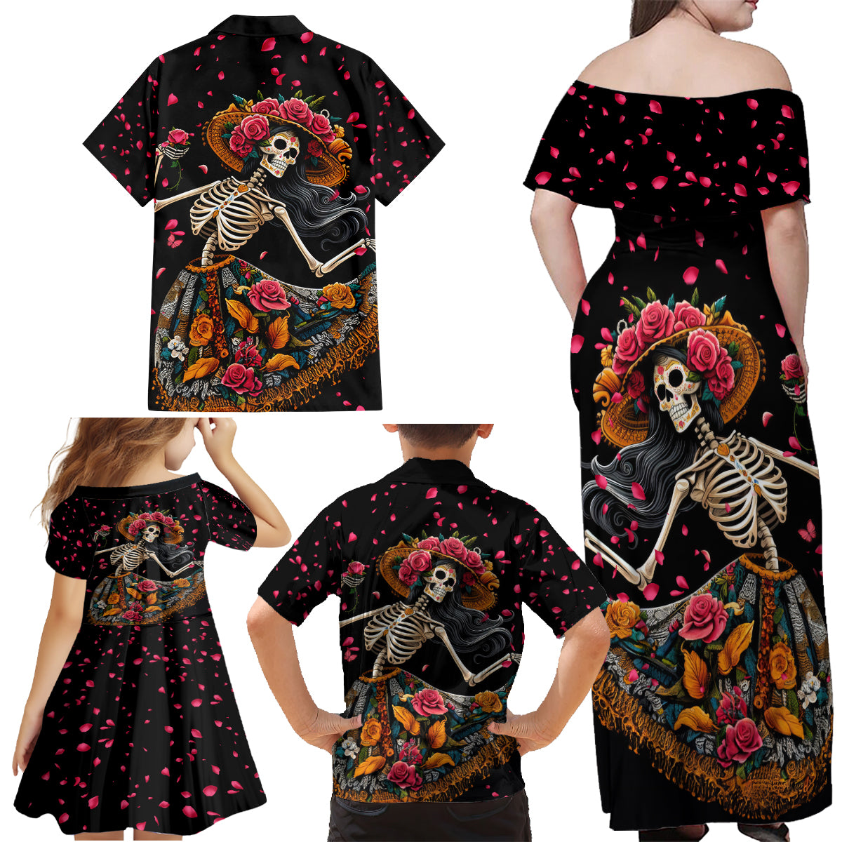 Day of Dead Lady Family Matching Off Shoulder Maxi Dress and Hawaiian Shirt Sugar Skull Lady Dancing - Wonder Print Shop
