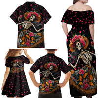 Day of Dead Lady Family Matching Off Shoulder Maxi Dress and Hawaiian Shirt Sugar Skull Lady Dancing - Wonder Print Shop