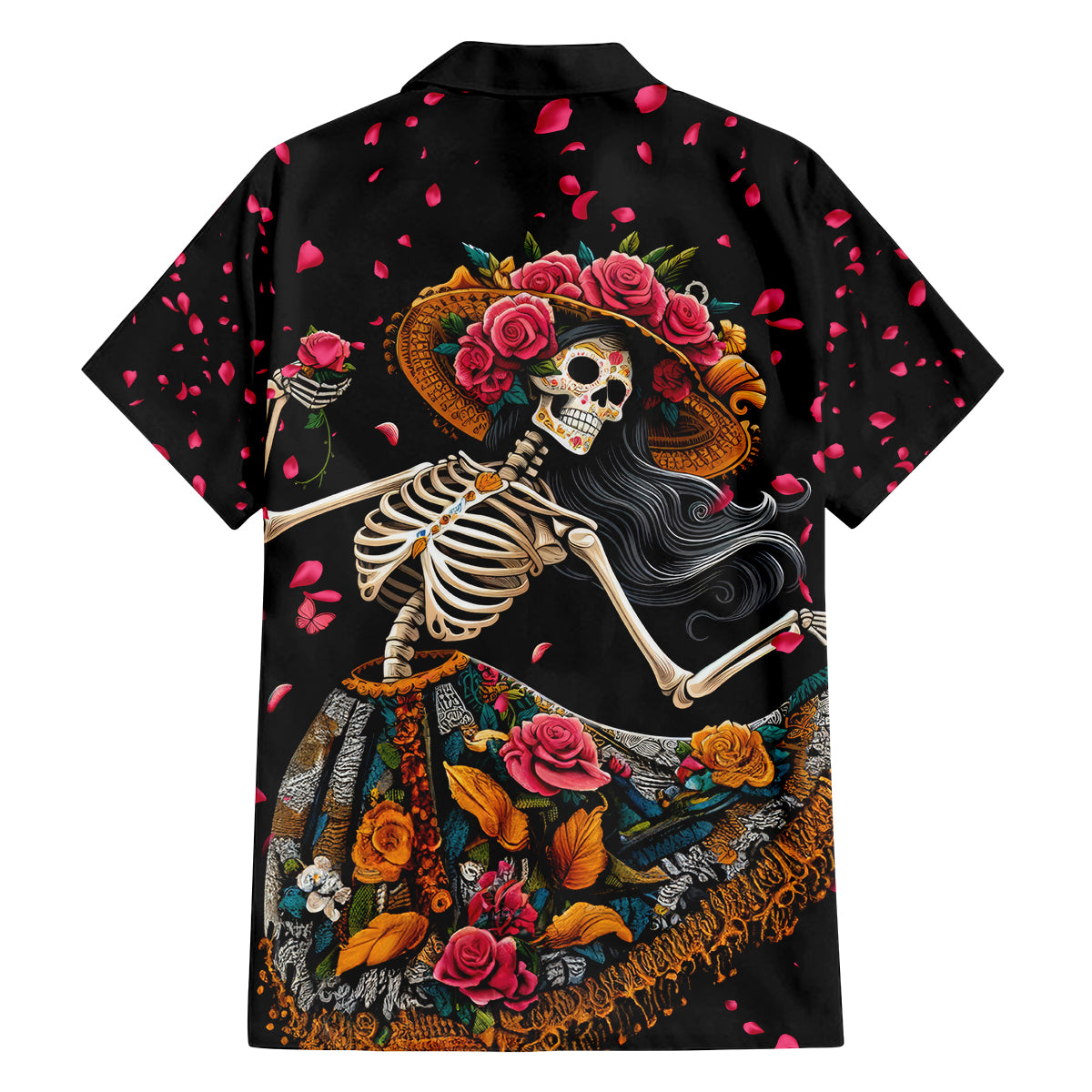 Day of Dead Lady Family Matching Off Shoulder Maxi Dress and Hawaiian Shirt Sugar Skull Lady Dancing - Wonder Print Shop