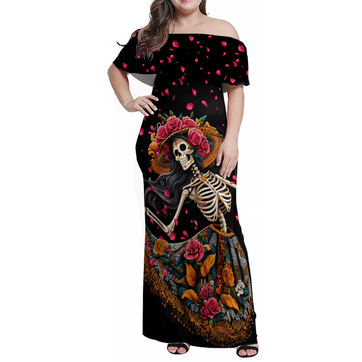 Day of Dead Lady Family Matching Off Shoulder Maxi Dress and Hawaiian Shirt Sugar Skull Lady Dancing - Wonder Print Shop