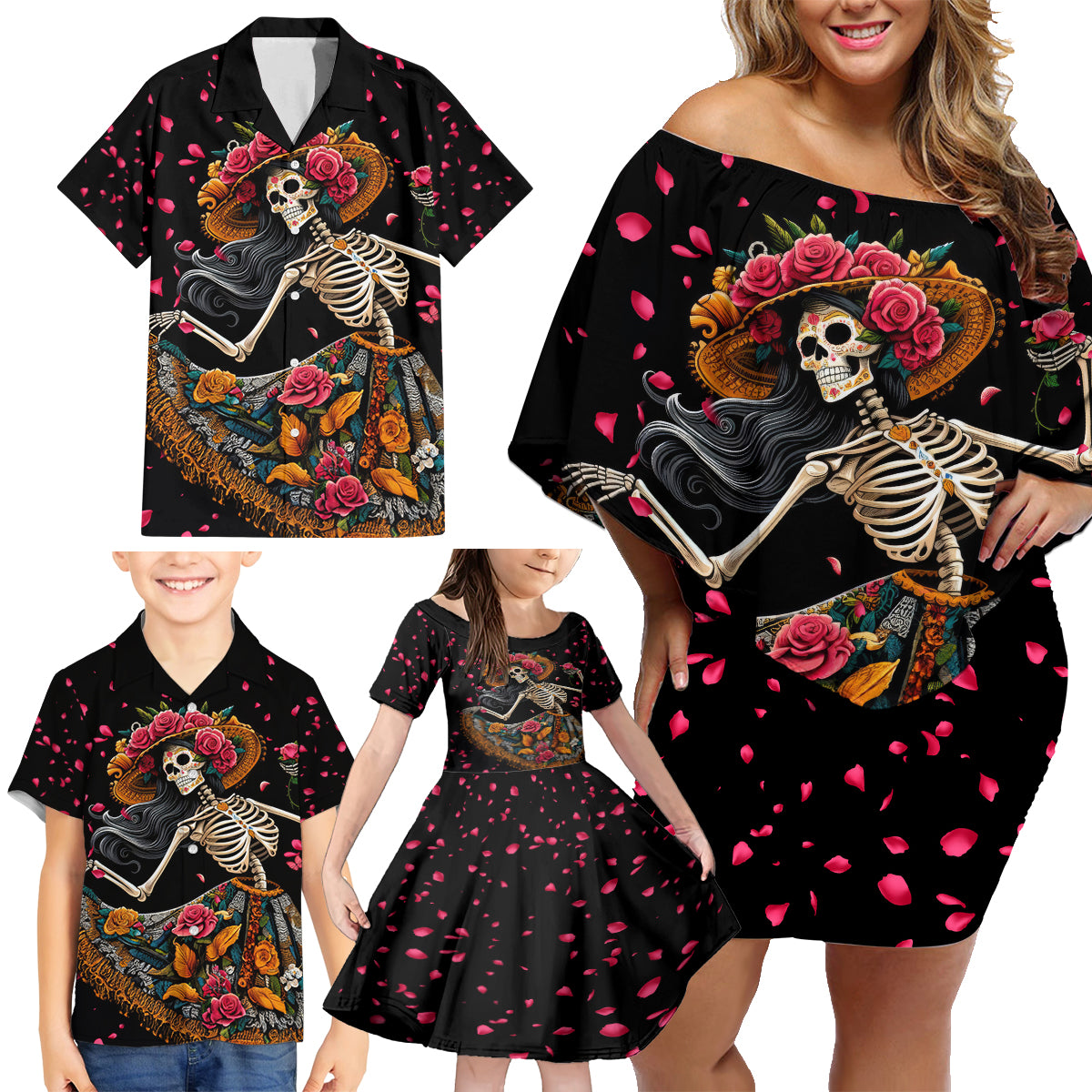 Day of Dead Lady Family Matching Off Shoulder Short Dress and Hawaiian Shirt Sugar Skull Lady Dancing - Wonder Print Shop