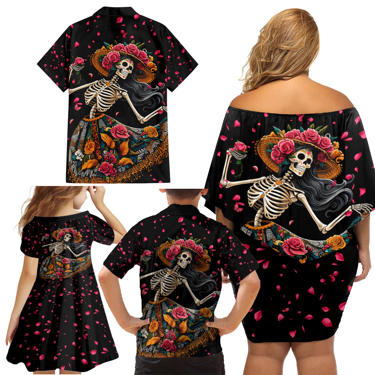 Day of Dead Lady Family Matching Off Shoulder Short Dress and Hawaiian Shirt Sugar Skull Lady Dancing - Wonder Print Shop