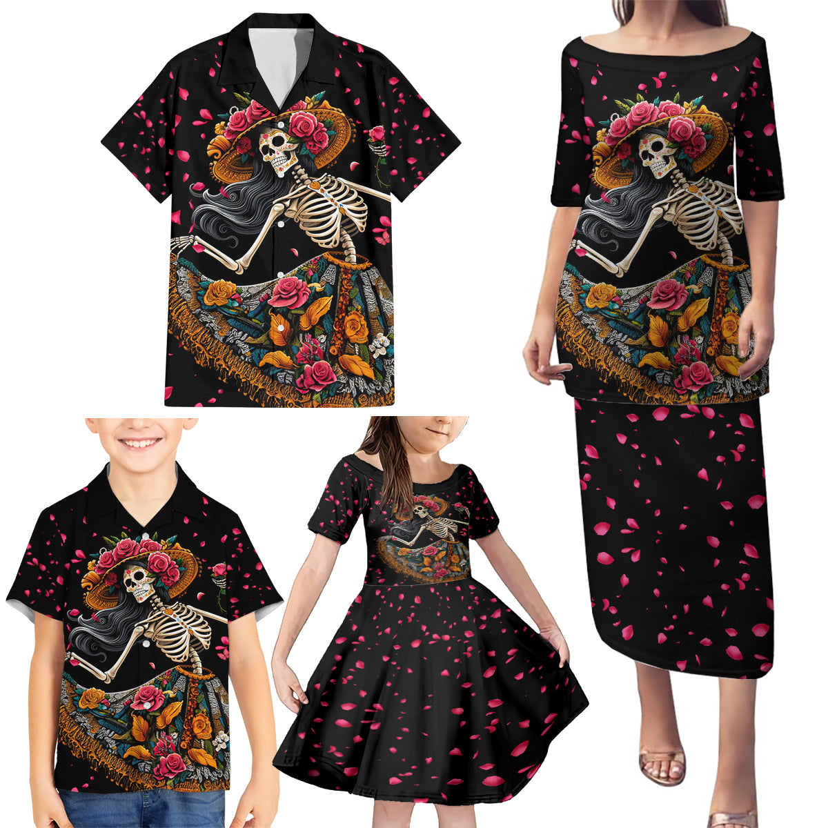 Day of Dead Lady Family Matching Puletasi Dress and Hawaiian Shirt Sugar Skull Lady Dancing - Wonder Print Shop