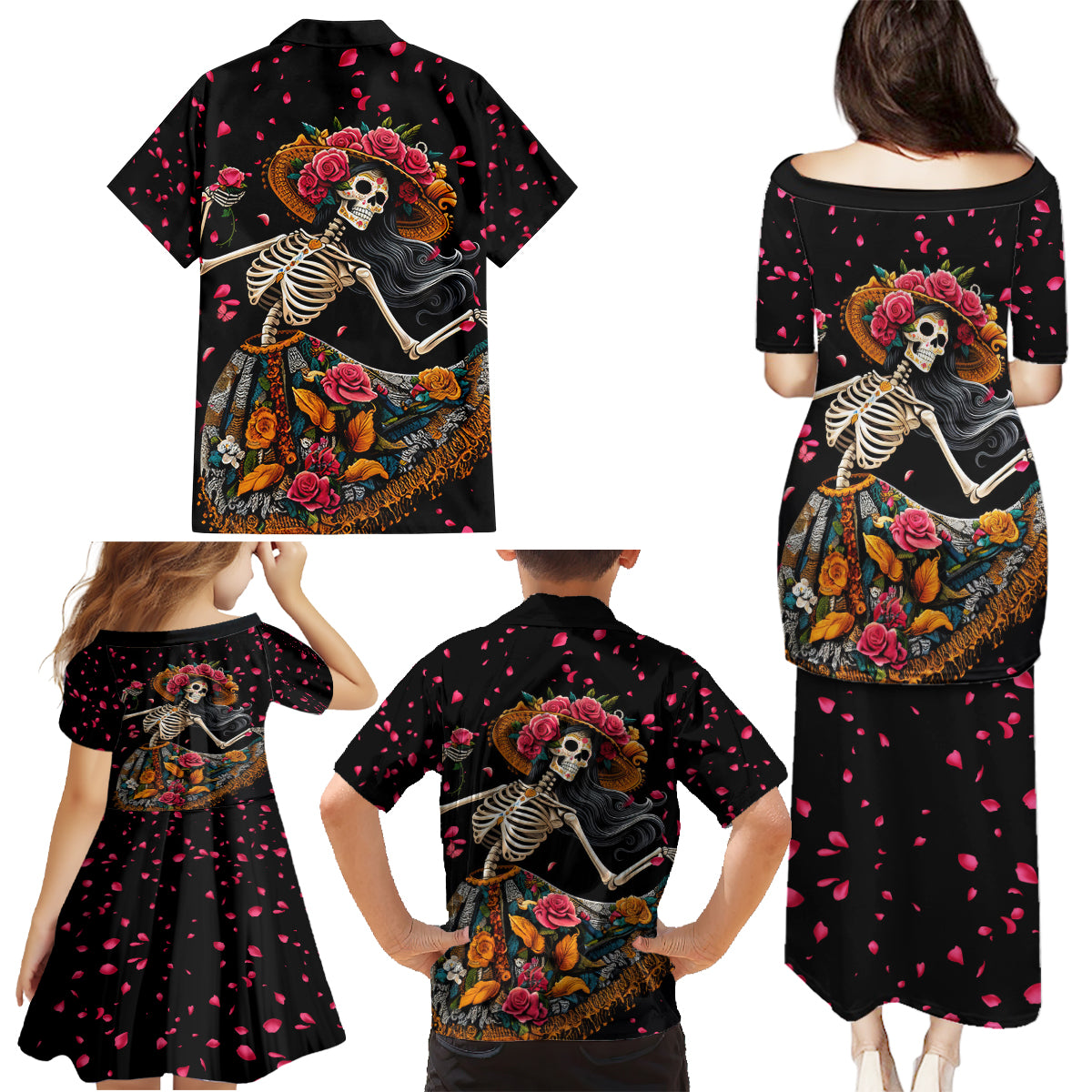 Day of Dead Lady Family Matching Puletasi Dress and Hawaiian Shirt Sugar Skull Lady Dancing - Wonder Print Shop
