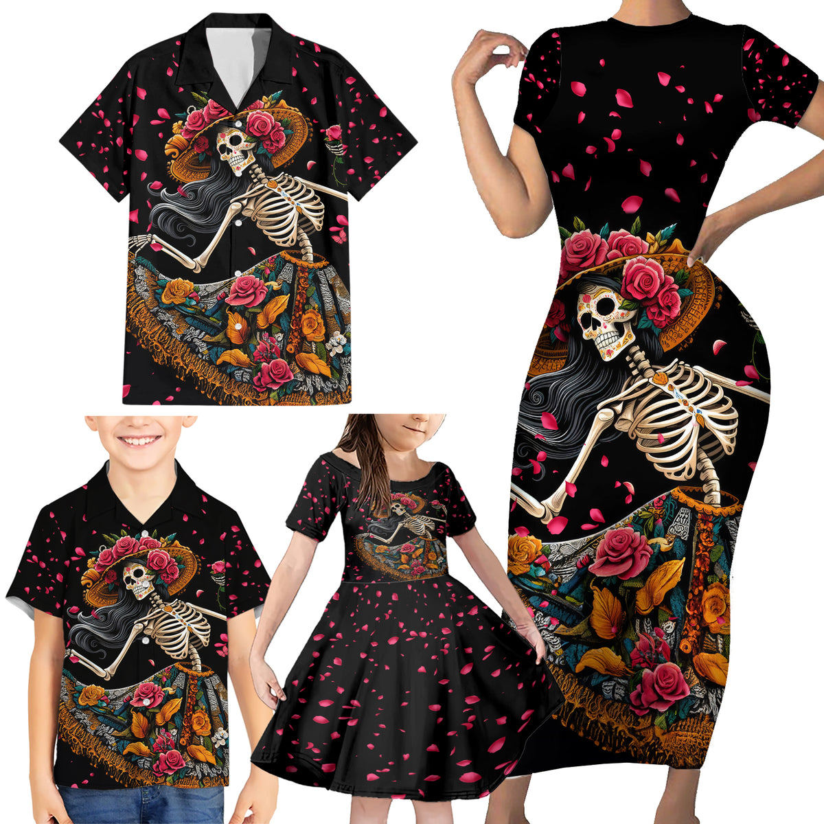 Day of Dead Lady Family Matching Short Sleeve Bodycon Dress and Hawaiian Shirt Sugar Skull Lady Dancing - Wonder Print Shop