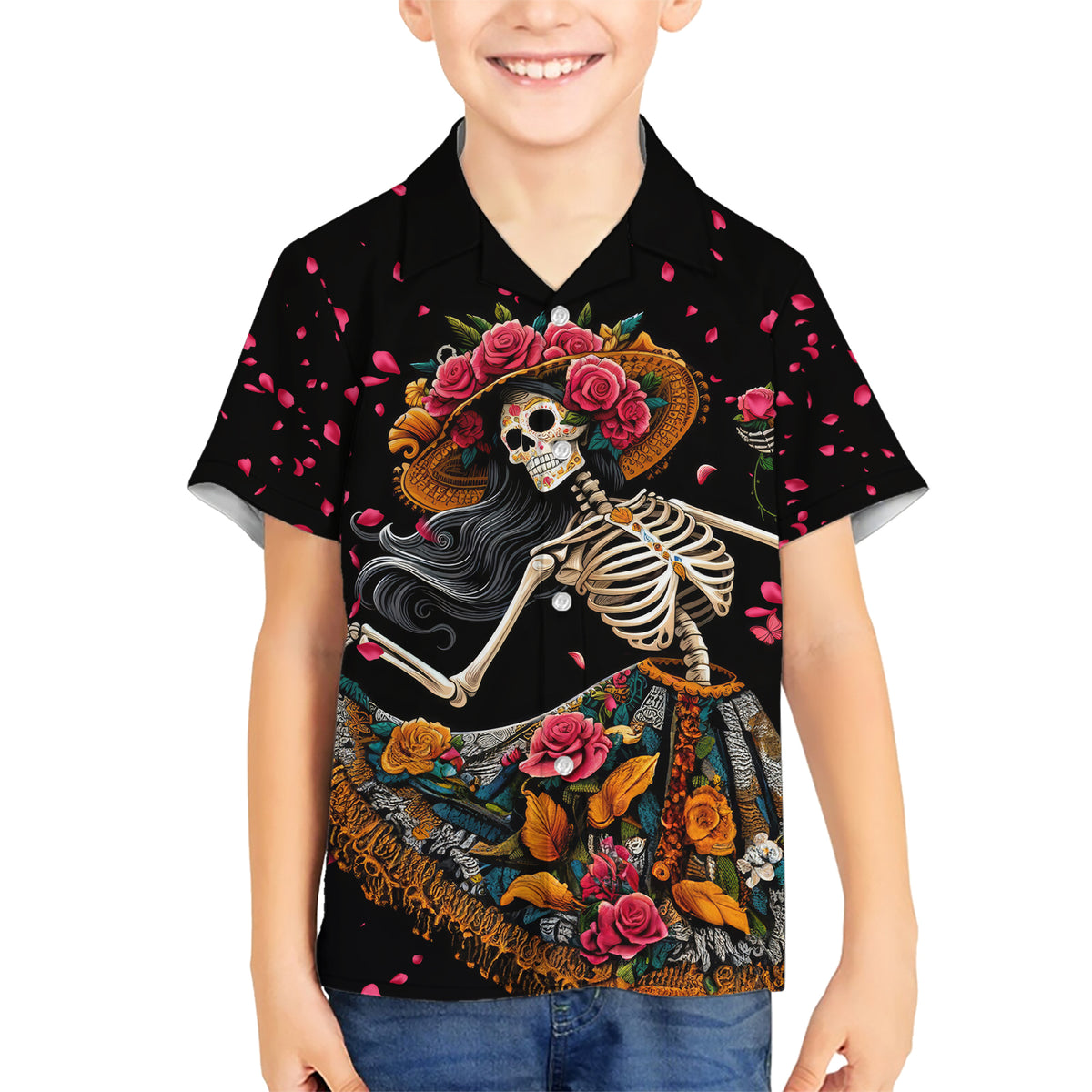 Day of Dead Lady Family Matching Short Sleeve Bodycon Dress and Hawaiian Shirt Sugar Skull Lady Dancing - Wonder Print Shop