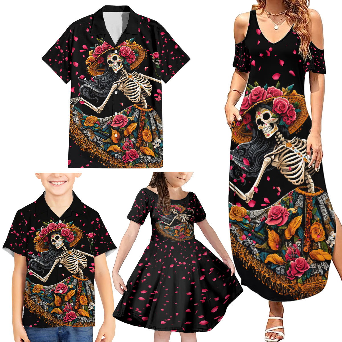 Day of Dead Lady Family Matching Summer Maxi Dress and Hawaiian Shirt Sugar Skull Lady Dancing - Wonder Print Shop