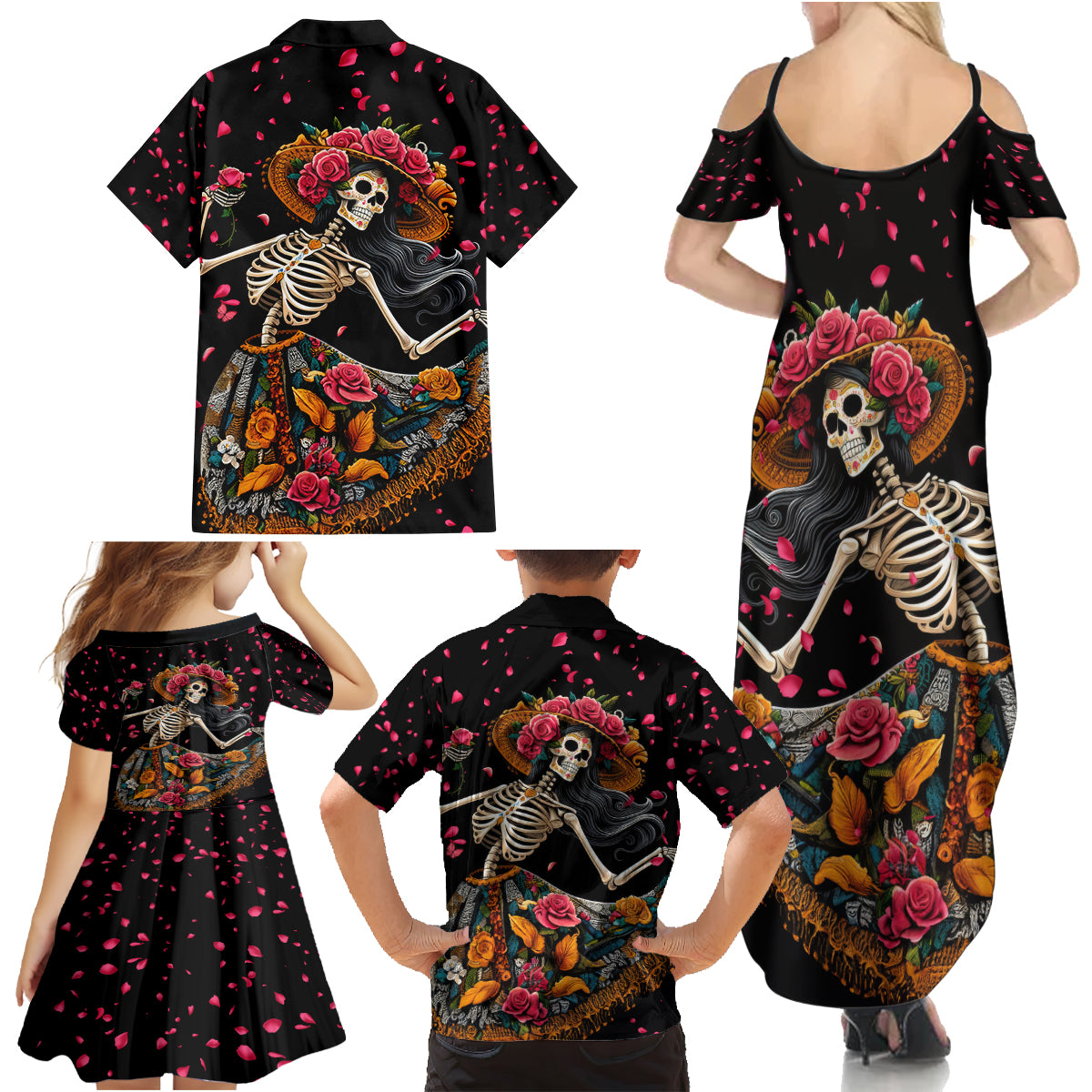Day of Dead Lady Family Matching Summer Maxi Dress and Hawaiian Shirt Sugar Skull Lady Dancing - Wonder Print Shop