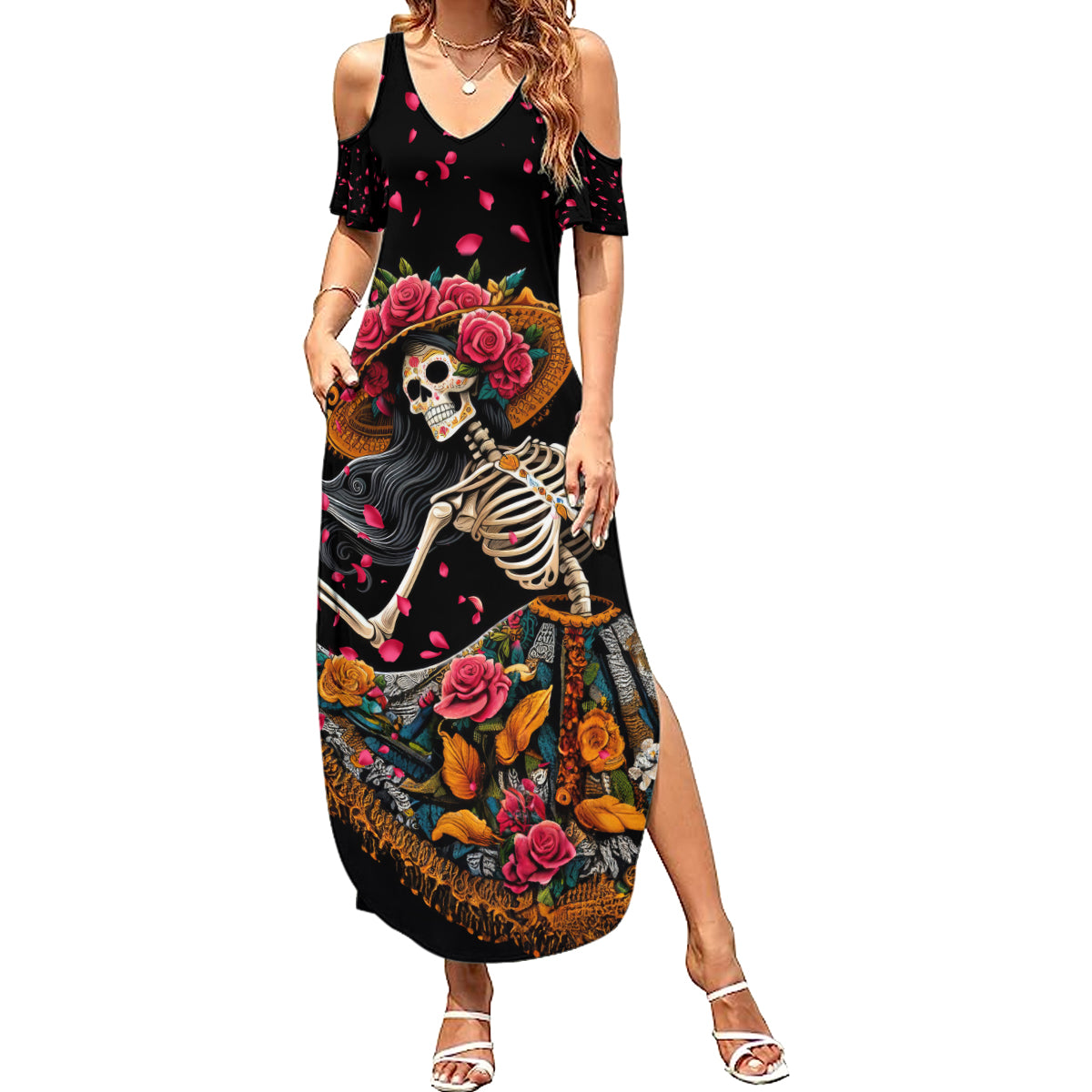 Day of Dead Lady Family Matching Summer Maxi Dress and Hawaiian Shirt Sugar Skull Lady Dancing - Wonder Print Shop