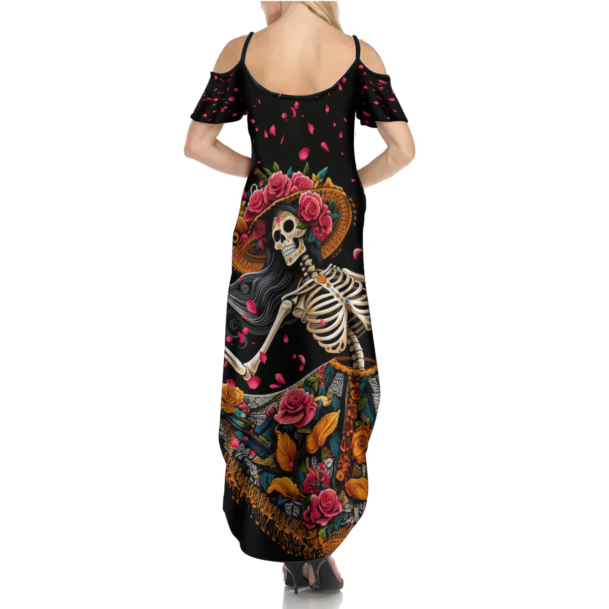 Day of Dead Lady Family Matching Summer Maxi Dress and Hawaiian Shirt Sugar Skull Lady Dancing - Wonder Print Shop