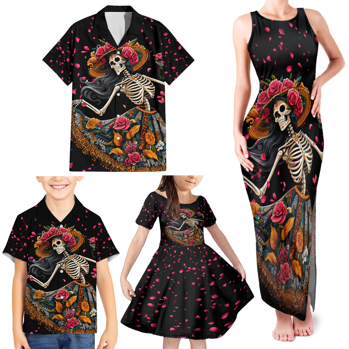 Day of Dead Lady Family Matching Tank Maxi Dress and Hawaiian Shirt Sugar Skull Lady Dancing - Wonder Print Shop