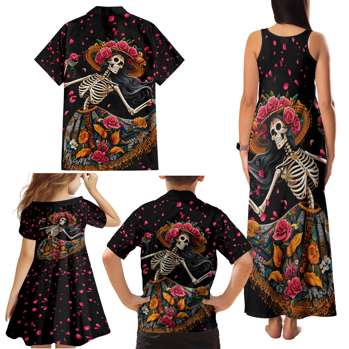 Day of Dead Lady Family Matching Tank Maxi Dress and Hawaiian Shirt Sugar Skull Lady Dancing - Wonder Print Shop