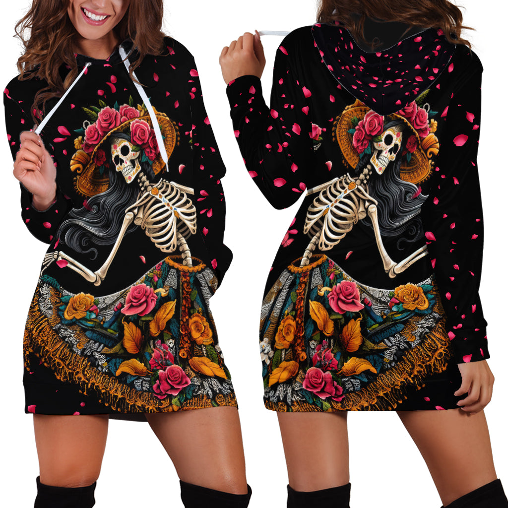 Day of Dead Lady Hoodie Dress Sugar Skull Lady Dancing - Wonder Print Shop