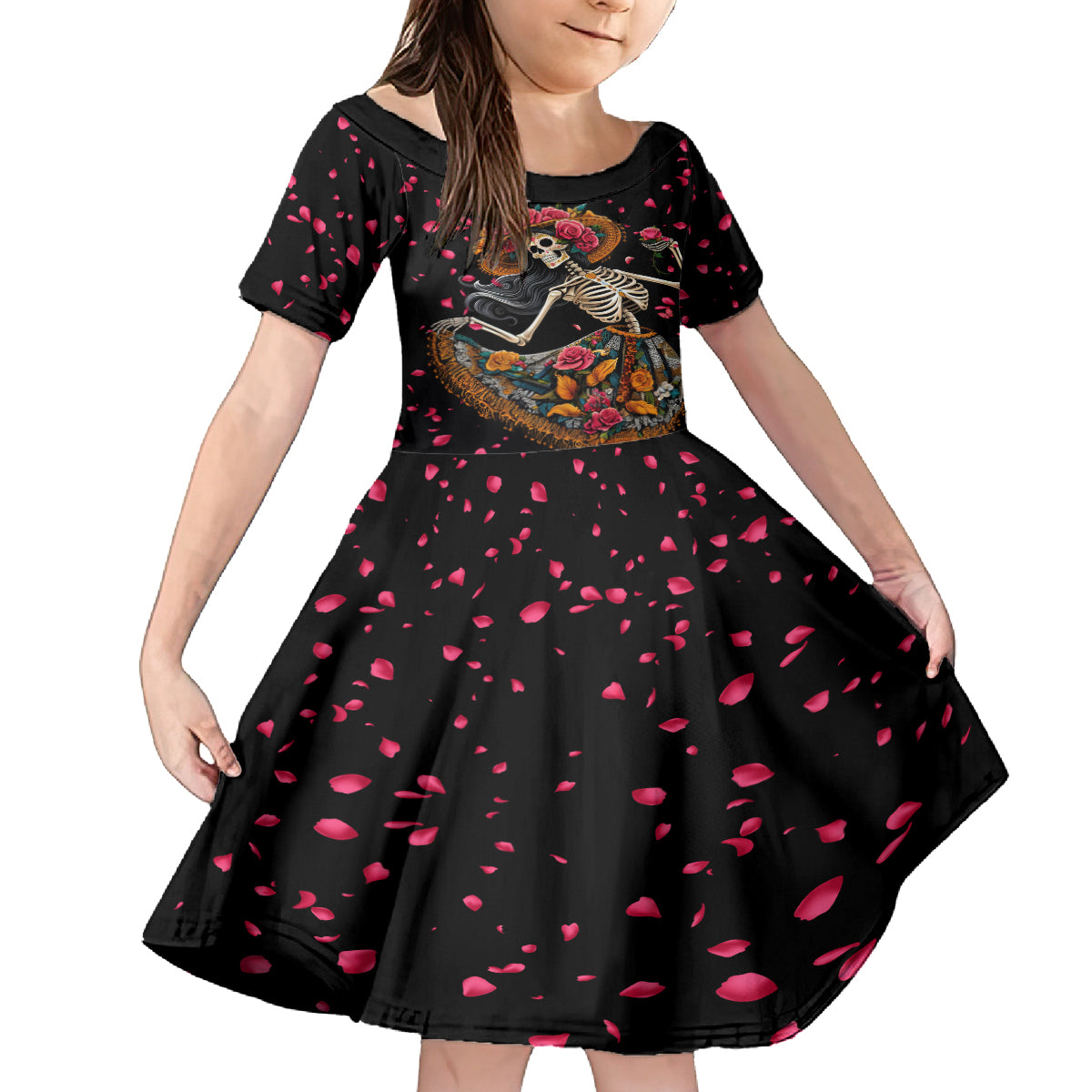 Day of Dead Lady Kid Short Sleeve Dress Sugar Skull Lady Dancing - Wonder Print Shop