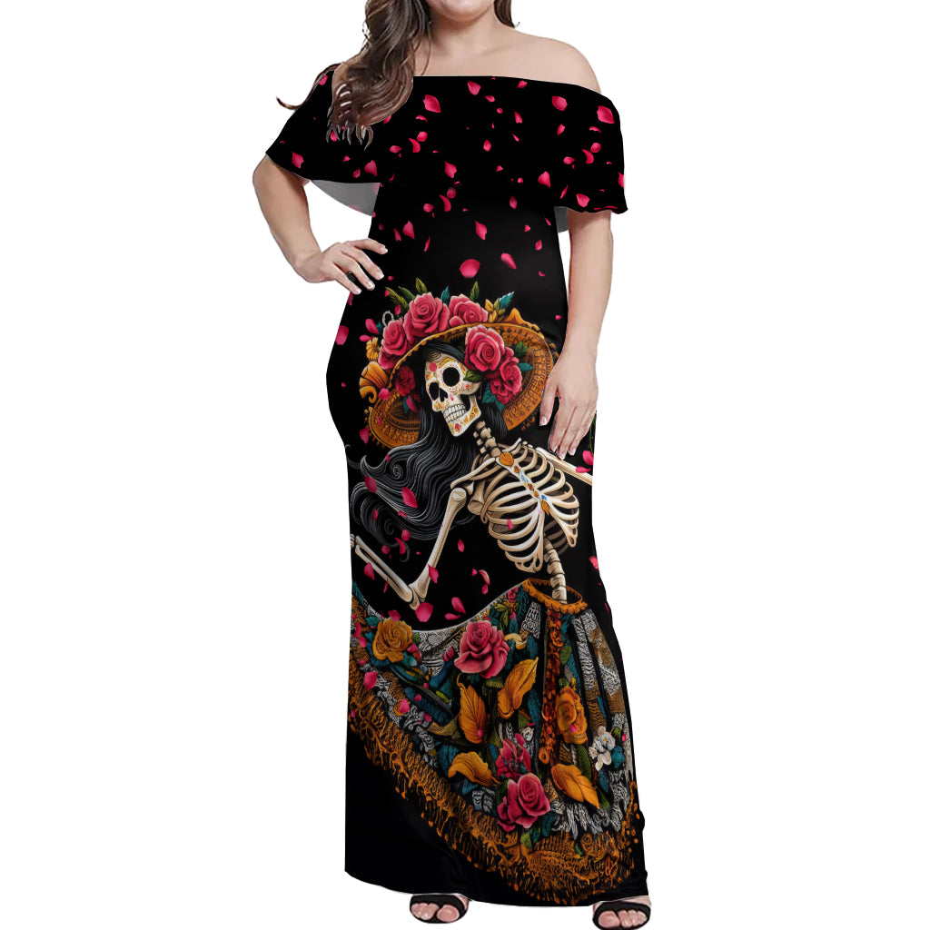 Day of Dead Lady Off Shoulder Maxi Dress Sugar Skull Lady Dancing - Wonder Print Shop