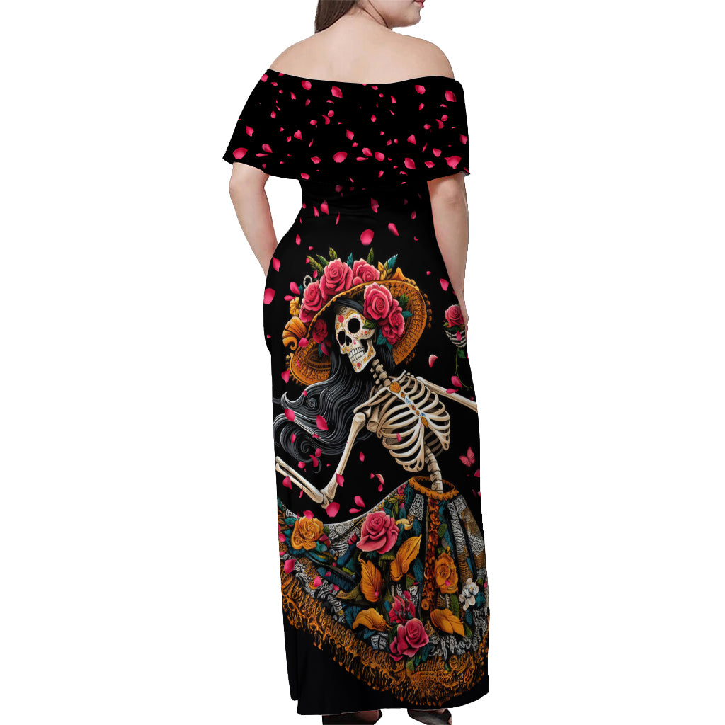 Day of Dead Lady Off Shoulder Maxi Dress Sugar Skull Lady Dancing - Wonder Print Shop