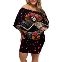 Day of Dead Lady Off Shoulder Short Dress Sugar Skull Lady Dancing - Wonder Print Shop