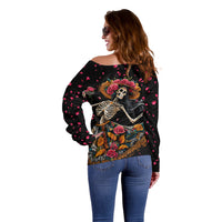 Day of Dead Lady Off Shoulder Sweater Sugar Skull Lady Dancing - Wonder Print Shop