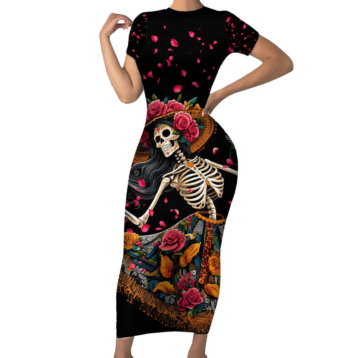 Day of Dead Lady Short Sleeve Bodycon Dress Sugar Skull Lady Dancing - Wonder Print Shop
