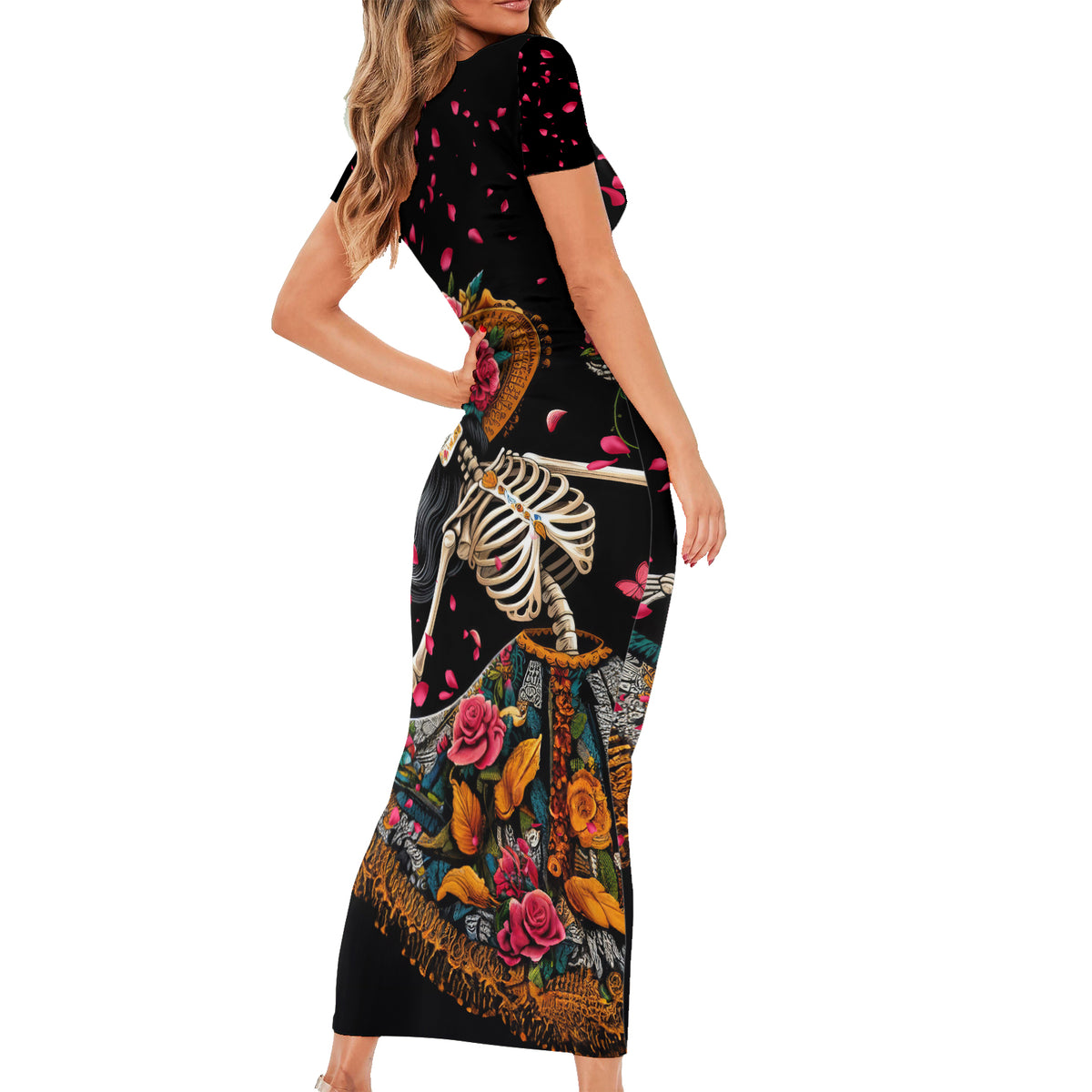 Day of Dead Lady Short Sleeve Bodycon Dress Sugar Skull Lady Dancing - Wonder Print Shop