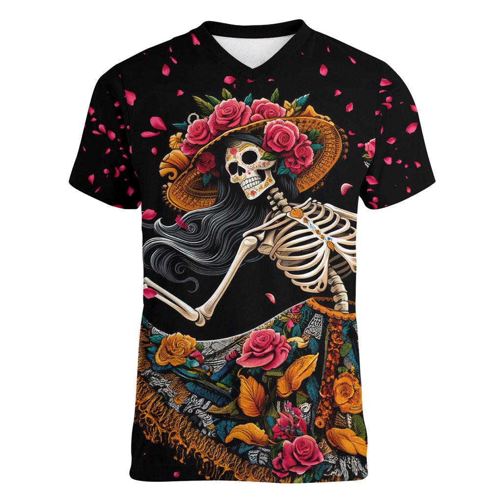 Day of Dead Lady Women V Neck T Shirt Sugar Skull Lady Dancing - Wonder Print Shop