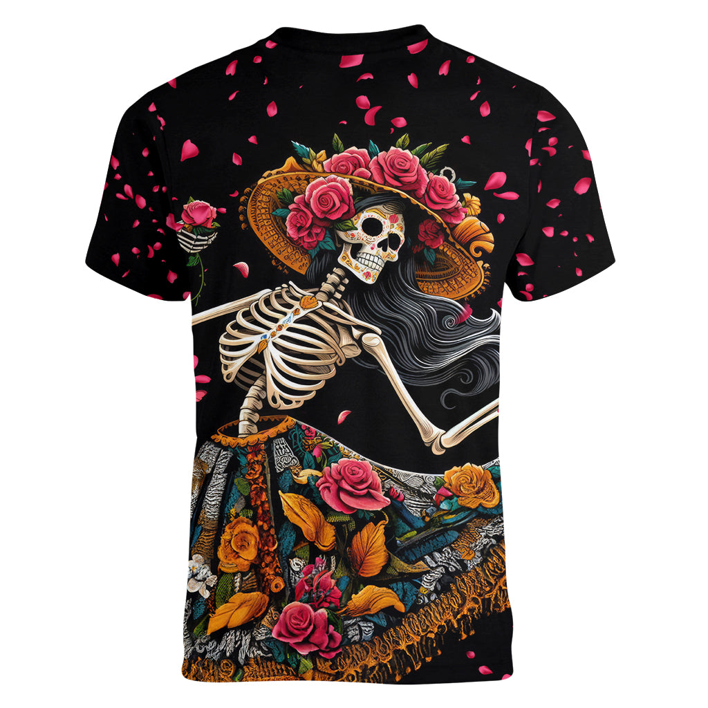 Day of Dead Lady Women V Neck T Shirt Sugar Skull Lady Dancing - Wonder Print Shop