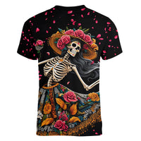 Day of Dead Lady Women V Neck T Shirt Sugar Skull Lady Dancing - Wonder Print Shop