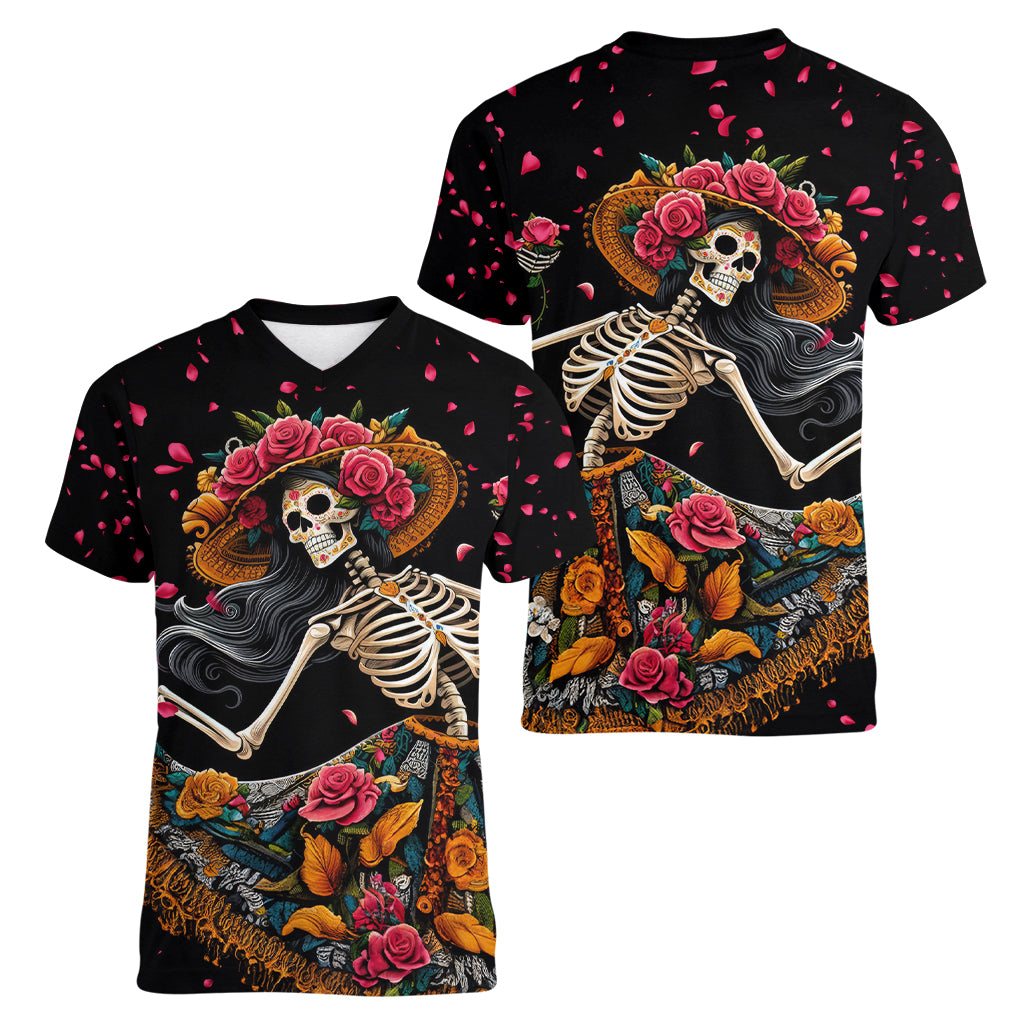 Day of Dead Lady Women V Neck T Shirt Sugar Skull Lady Dancing - Wonder Print Shop