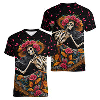Day of Dead Lady Women V Neck T Shirt Sugar Skull Lady Dancing - Wonder Print Shop