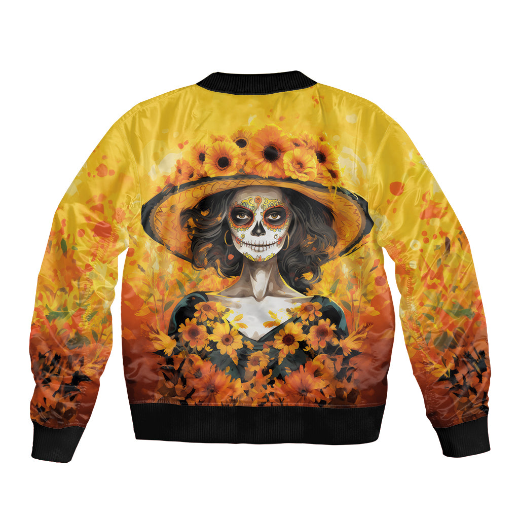 Day of Dead Lady Bomber Jacket Sugar Skull Lady Sunflower - Wonder Print Shop