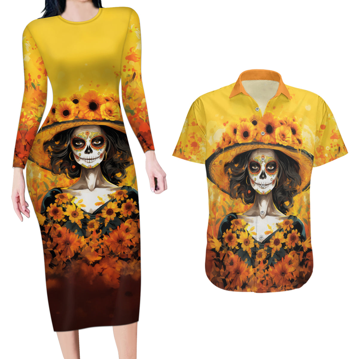Day of Dead Lady Couples Matching Long Sleeve Bodycon Dress and Hawaiian Shirt Sugar Skull Lady Sunflower - Wonder Print Shop