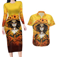 Day of Dead Lady Couples Matching Long Sleeve Bodycon Dress and Hawaiian Shirt Sugar Skull Lady Sunflower - Wonder Print Shop
