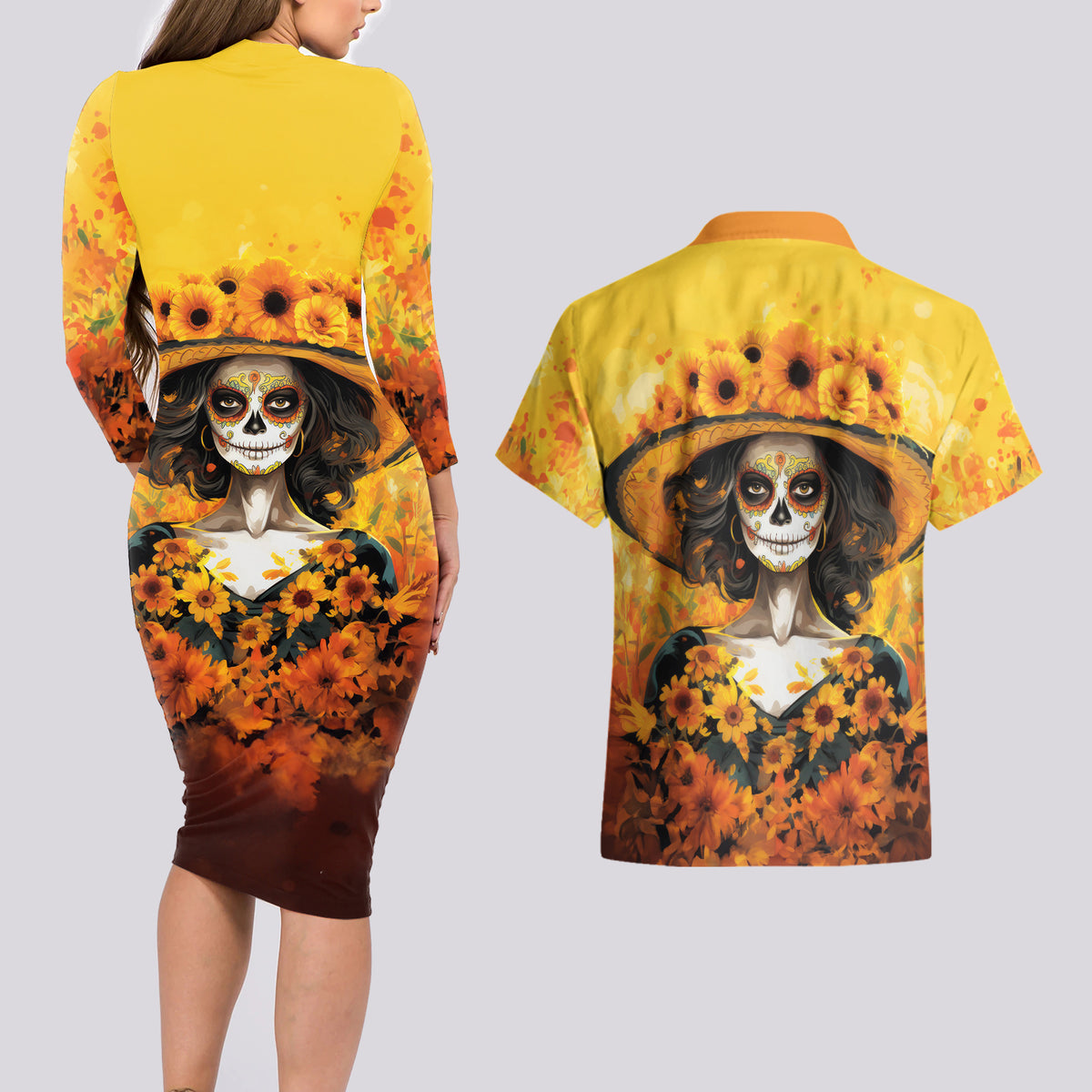 Day of Dead Lady Couples Matching Long Sleeve Bodycon Dress and Hawaiian Shirt Sugar Skull Lady Sunflower - Wonder Print Shop