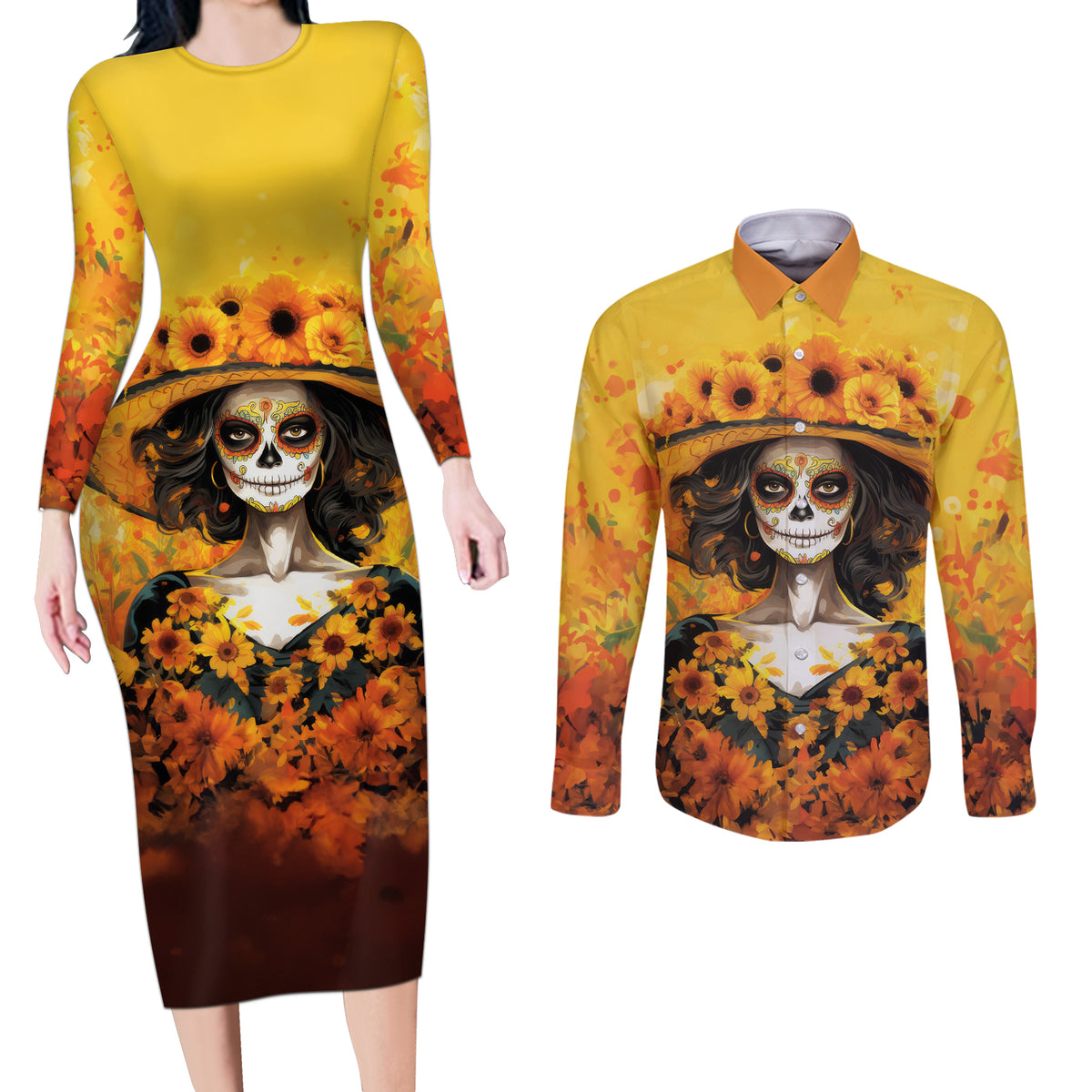 Day of Dead Lady Couples Matching Long Sleeve Bodycon Dress and Long Sleeve Button Shirt Sugar Skull Lady Sunflower - Wonder Print Shop