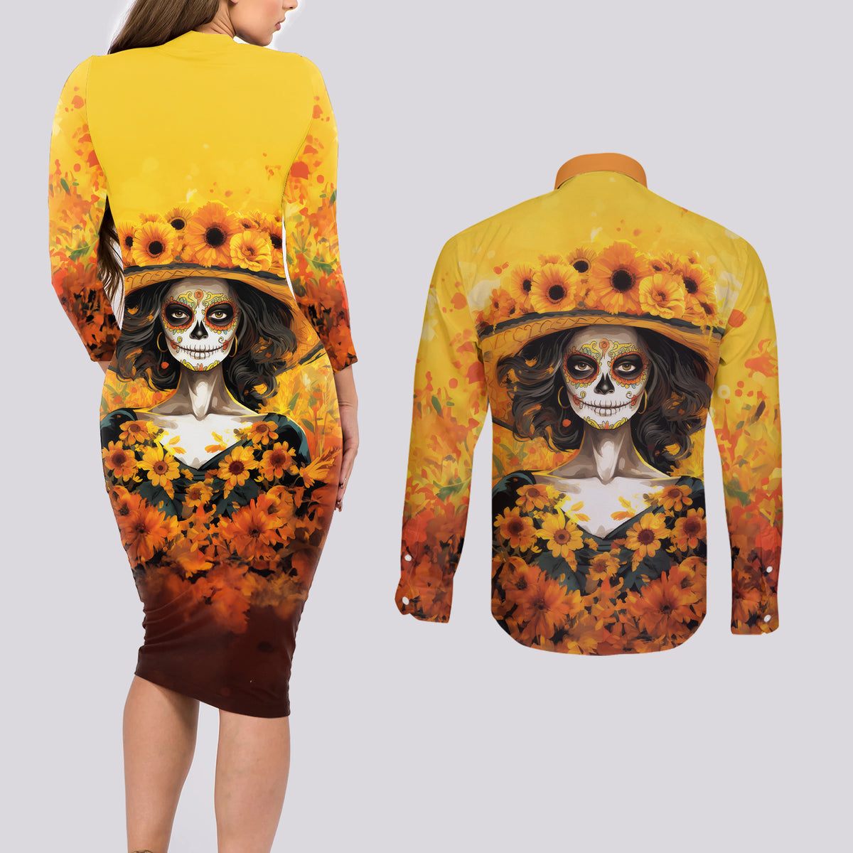 Day of Dead Lady Couples Matching Long Sleeve Bodycon Dress and Long Sleeve Button Shirt Sugar Skull Lady Sunflower - Wonder Print Shop