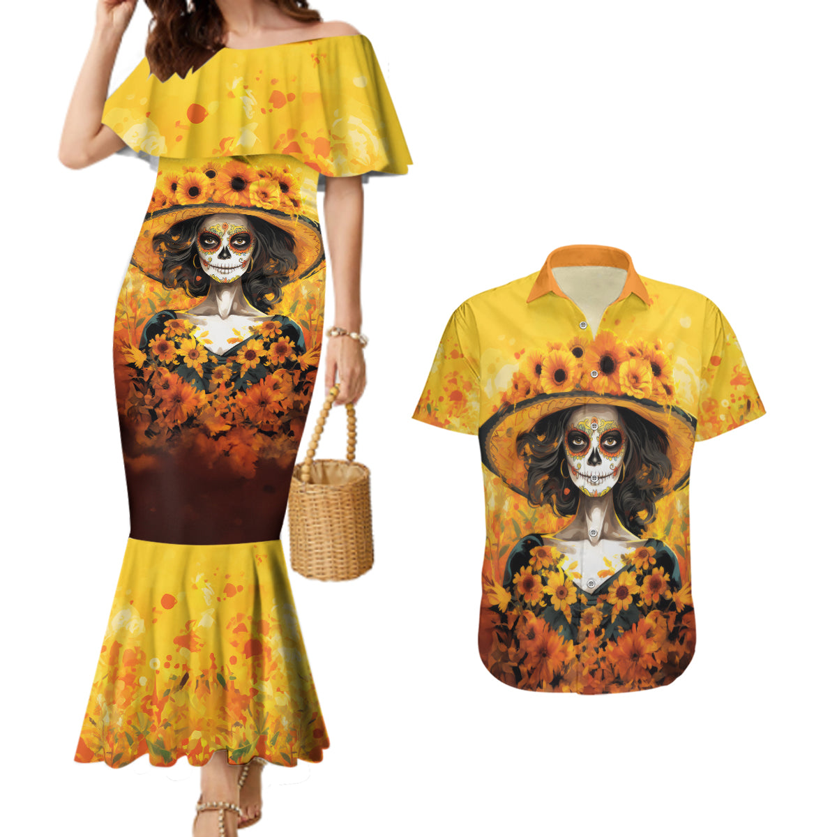 Day of Dead Lady Couples Matching Mermaid Dress and Hawaiian Shirt Sugar Skull Lady Sunflower - Wonder Print Shop