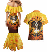 Day of Dead Lady Couples Matching Mermaid Dress and Hawaiian Shirt Sugar Skull Lady Sunflower - Wonder Print Shop