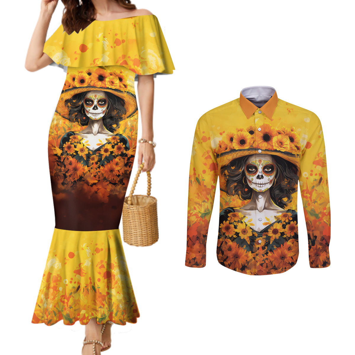 day-of-dead-lady-couples-matching-mermaid-dress-and-long-sleeve-button-shirt-sugar-skull-lady-sunflower