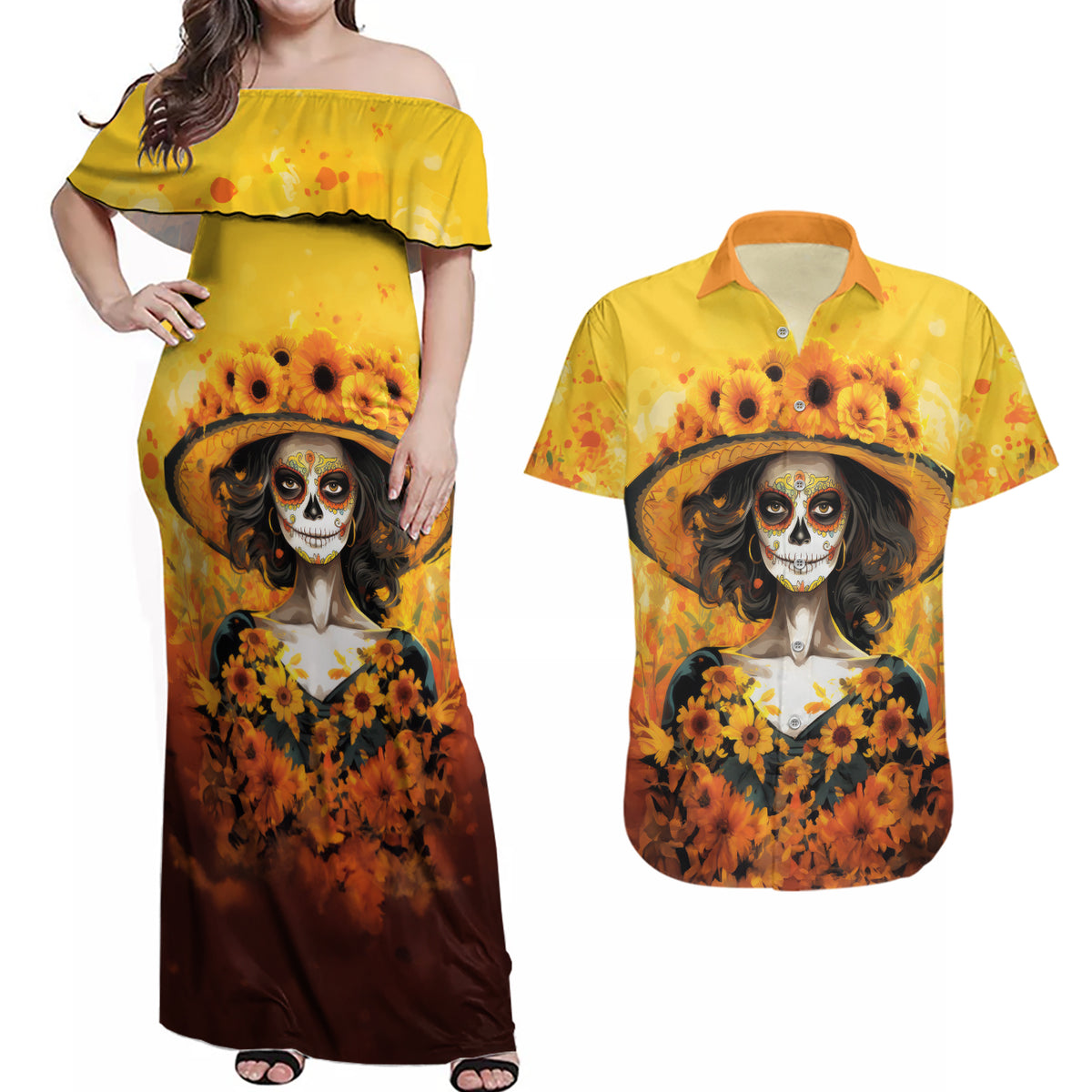 Day of Dead Lady Couples Matching Off Shoulder Maxi Dress and Hawaiian Shirt Sugar Skull Lady Sunflower - Wonder Print Shop