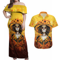 Day of Dead Lady Couples Matching Off Shoulder Maxi Dress and Hawaiian Shirt Sugar Skull Lady Sunflower - Wonder Print Shop