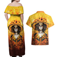 Day of Dead Lady Couples Matching Off Shoulder Maxi Dress and Hawaiian Shirt Sugar Skull Lady Sunflower - Wonder Print Shop