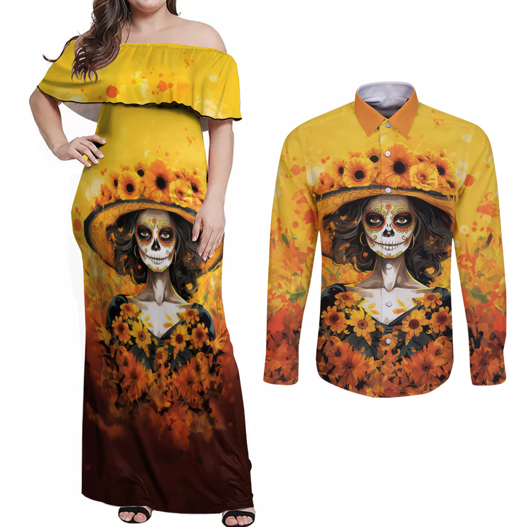 Day of Dead Lady Couples Matching Off Shoulder Maxi Dress and Long Sleeve Button Shirt Sugar Skull Lady Sunflower - Wonder Print Shop