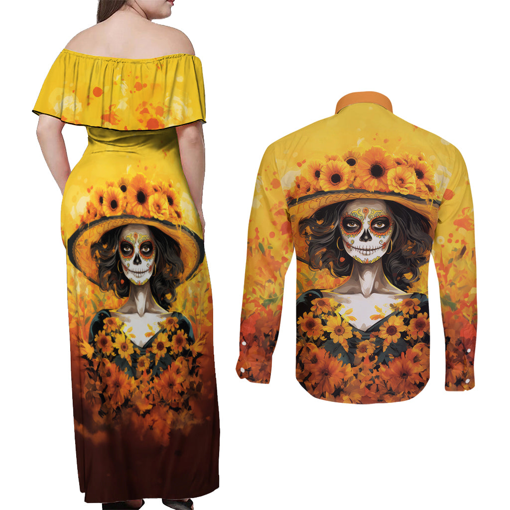 Day of Dead Lady Couples Matching Off Shoulder Maxi Dress and Long Sleeve Button Shirt Sugar Skull Lady Sunflower - Wonder Print Shop