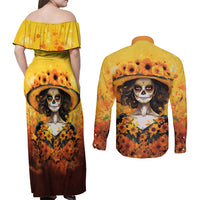 Day of Dead Lady Couples Matching Off Shoulder Maxi Dress and Long Sleeve Button Shirt Sugar Skull Lady Sunflower - Wonder Print Shop