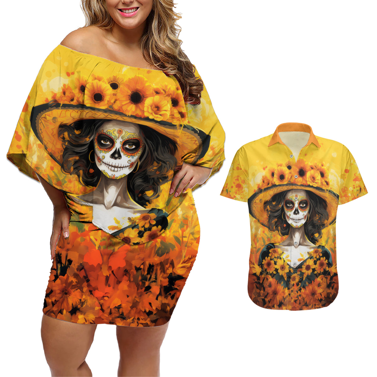 Day of Dead Lady Couples Matching Off Shoulder Short Dress and Hawaiian Shirt Sugar Skull Lady Sunflower - Wonder Print Shop