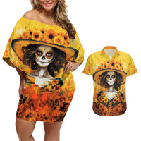 Day of Dead Lady Couples Matching Off Shoulder Short Dress and Hawaiian Shirt Sugar Skull Lady Sunflower - Wonder Print Shop