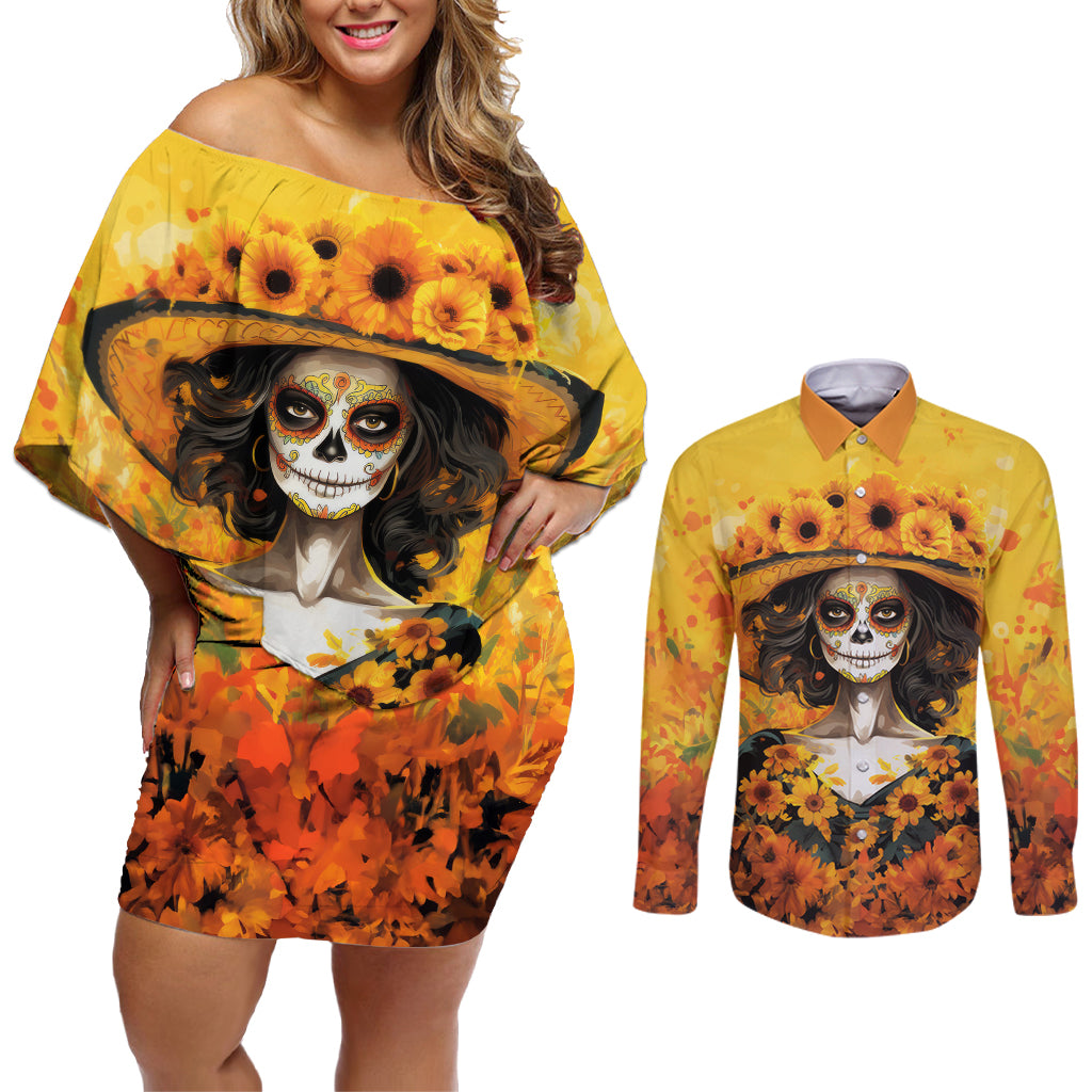 Day of Dead Lady Couples Matching Off Shoulder Short Dress and Long Sleeve Button Shirt Sugar Skull Lady Sunflower - Wonder Print Shop