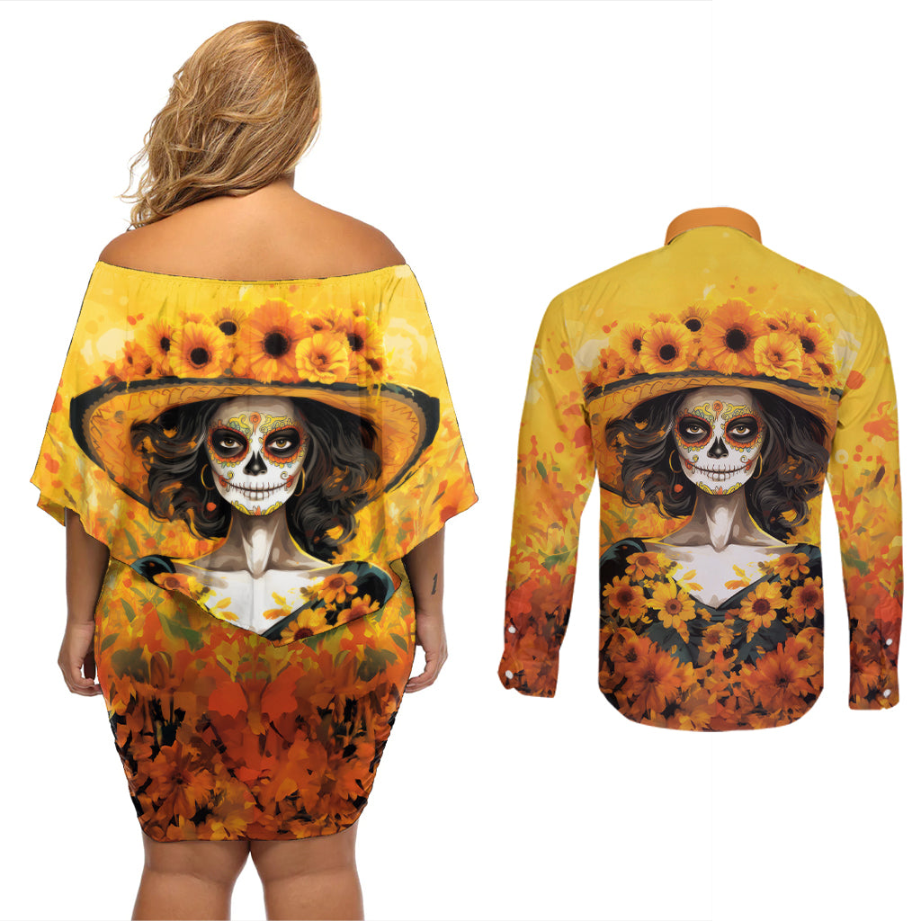 Day of Dead Lady Couples Matching Off Shoulder Short Dress and Long Sleeve Button Shirt Sugar Skull Lady Sunflower - Wonder Print Shop