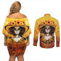 Day of Dead Lady Couples Matching Off Shoulder Short Dress and Long Sleeve Button Shirt Sugar Skull Lady Sunflower - Wonder Print Shop