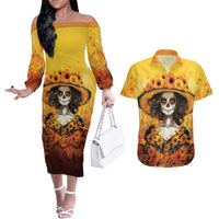 Day of Dead Lady Couples Matching Off The Shoulder Long Sleeve Dress and Hawaiian Shirt Sugar Skull Lady Sunflower - Wonder Print Shop